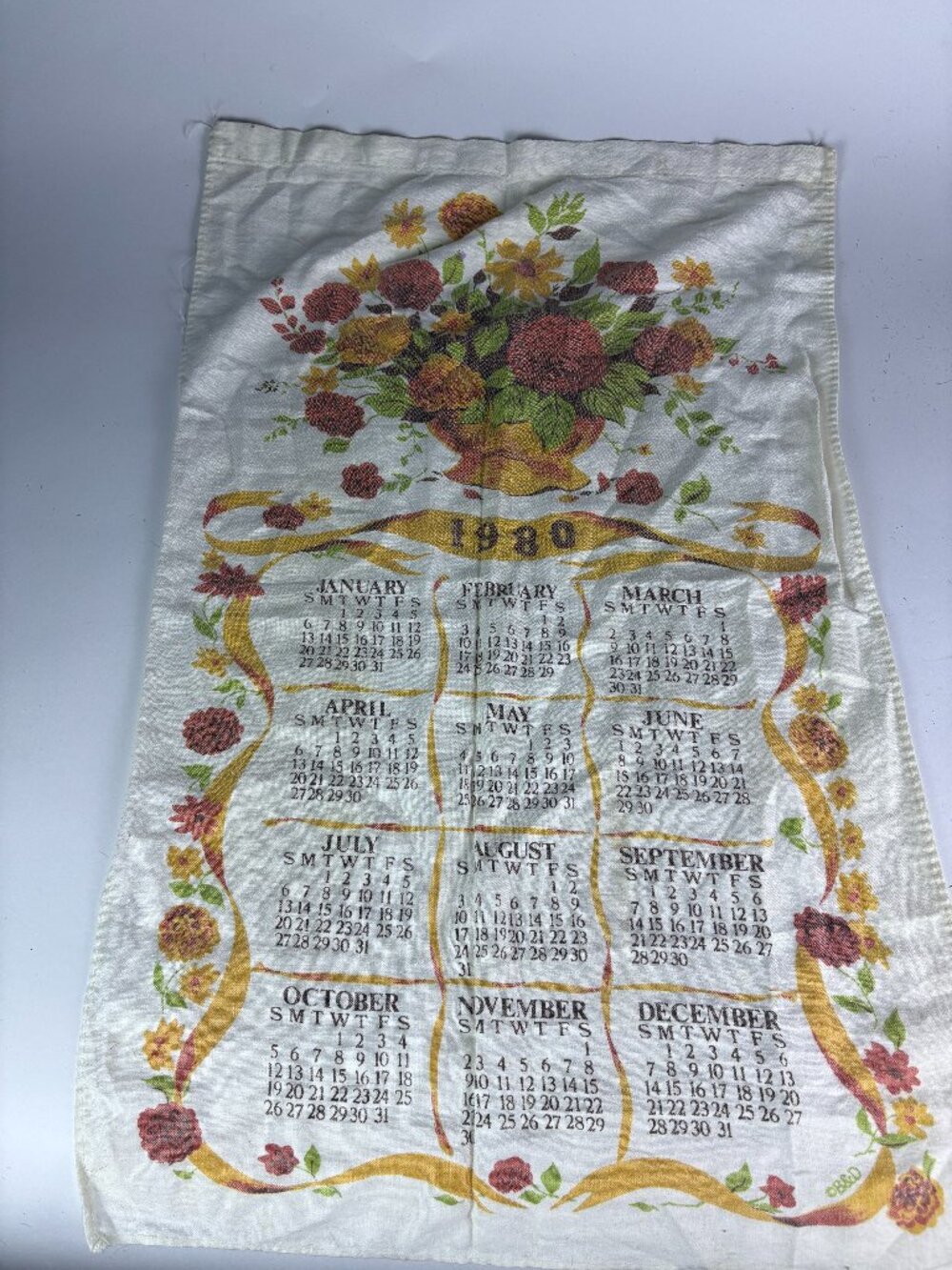 Vintage 1980 Floral Calendar Tea Towel | Retro Kitchen Linen | Flower Basket Wal